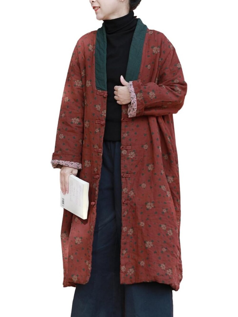Floral Printed Long Linen Jacket - Warm Quilted Cotton Coat, Plus Size Winter